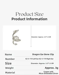 Detailed macro view showing the dragon ear cuff size specs and silver copper zircon inlay