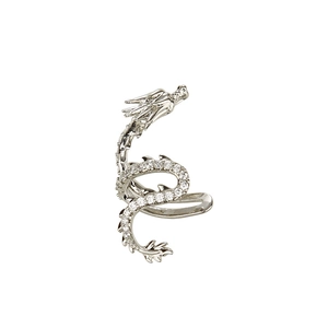 Exquisite silver dragon ear cuff with white zircon stones for non-pierced ears