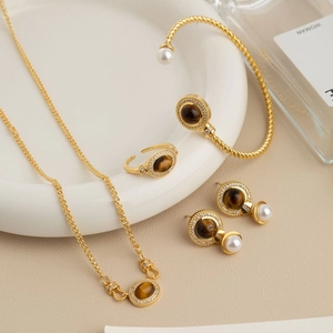 French Retro Maillard Tiger Eye Necklace Earrings Bracelet Ring Gold Plated Copper Artificial Pearl Zirconia Jewelry For Women Gift