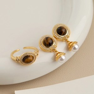 French vintage tiger eye stone jewelry set with gold ring and pearl earrings