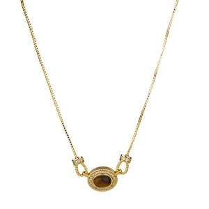 French vintage tiger eye and pearl pendant necklace with sparkling crystal accents