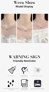 Detail view of pearl bow necklace with jewelry maintenance guide and model showcase