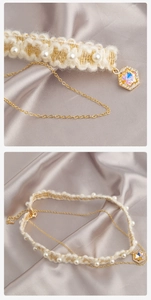 Detail der zweilagigen Choker-Halskette mit Strickband, Perlen und Schneeflocken-Kristall