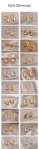 Collection of geometric gold stud earrings and hoop styles in a grid product catalog