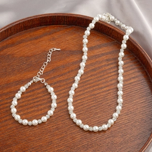 French vintage pearl necklace and bracelet set with sparkling crystal accents