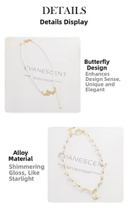 Detail van camelia hanger en kristallen vlinder op vergulde dubbele laag ketting