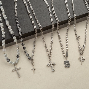 Collana Hip Hop in Acciaio al Titanio con Croce e Stella per Uomo Donna Gotica Strass Perla Artificiale Punk Catena Gioielli