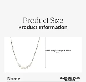 Detail van de parelketting met zilveren kralen en verstelbare lengte van 40+5CM