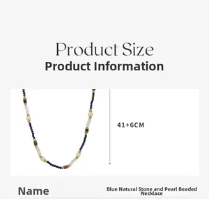 Detail of beaded necklace showing blue natural stone and pearls with 41+6cm length label