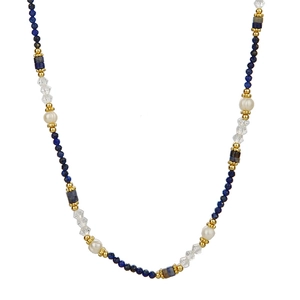 Retro lapis lazuli and pearl beaded necklace with crystal accents and gold metal beads