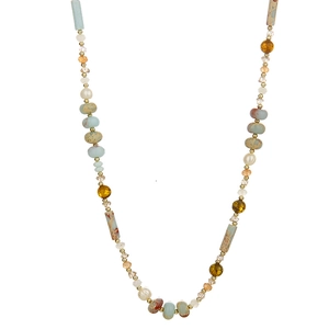 Beaded necklace with natural stones, freshwater pearls, and golden spacers on white background