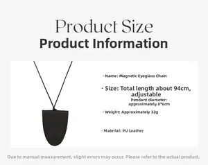 Detailed size chart of magnetic PU leather eyeglass necklace with adjustable strap length