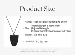 Detailed sizing chart and specifications for the PU leather magnetic glasses holder