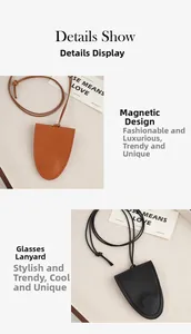 Detail view of leather glasses case necklace with magnetic closure in black and brown