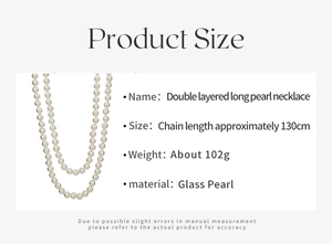 Detailed specs of double layered 130cm long glass pearl necklace with weight information