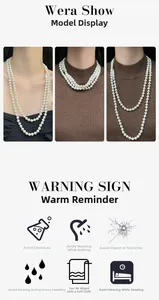 Detail of layered white pearl necklace showing multiple styling options on a model