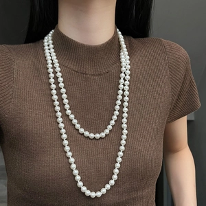 French Vintage Long Glass Pearl Necklace Multilayer Wrap Sweater Chain For Women Elegant Banquet Party Jewelry Accessory