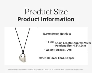 Gedetailleerde maattabel voor zilveren hart hanger ketting met 96cm koord en 29g gewicht