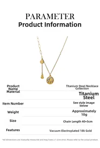 Detail of 18k gold plated titanium steel necklace with lucky charms and toggle chain