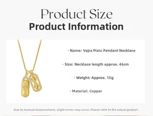 Detail of Vajra and Pixiu pendant necklace in copper with dimensions and weight info