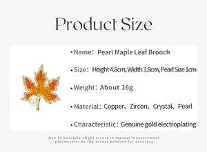 Détail de la broche feuille d'érable en perles avec dimensions et zircons sertis