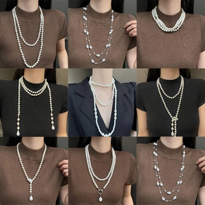 Onregelmatige Kunstmatige Kunstparelketting Franse Lichte Luxe Lange Trui Ketting Legering Strass Druppel Hanger Halsketting Sieraden Voor Vrouwen