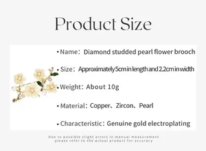 Detailed size chart for diamond pearl flower brooch with 5cm by 2.2cm dimensions