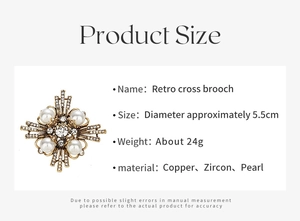 Especificaciones de la broche de cruz vintage con perlas, circones y base de cobre