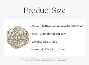 Guide des tailles pour la broche Camélia en diamant, diamètre 5 cm avec détails en zircon