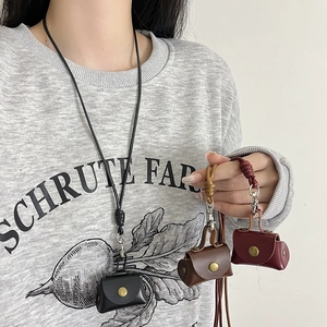 Collier Pendentif Mini Sac en Cuir PU pour Femme Imprimé Léopard Porte-monnaie Étui pour Écouteurs Chaîne de Pull en Corde de Cire Longue