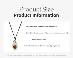 Detail view of oval marquise titanium pendant with tiger eye stone and black leather cord