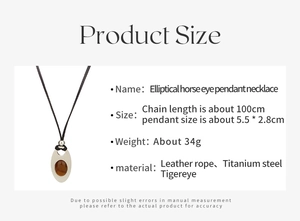 Detail view of oval tiger eye stone pendant with leather cord chain and dimensions