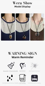 Detail of oval and round pendants on black leather cords with jewelry care instructions