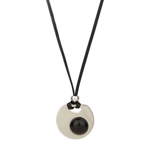 Minimalist oval metal pendant with black onyx bead on long black cord necklace