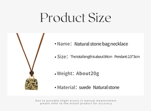 Detail view of tiger eye bag pendant necklace with dimensions and suede cord length