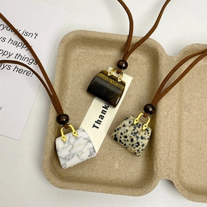 Vintage Natural Stone Bag Shaped Pendant Necklace Tiger Eye Dalmatian Jasper White Turquoise Long Cord Sweater Chain For Women