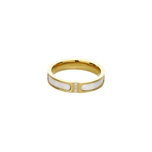 Elegante gouden titanium ring met schelpinleg en drie sprankelende zirkoniasteentjes