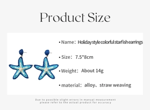 Infographic showing colorful straw woven starfish earrings with 7.5x8cm size details