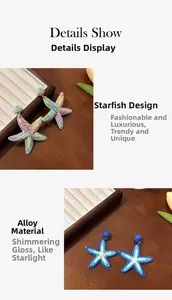 Detail shot of colorful woven starfish earrings in rainbow and royal blue shades