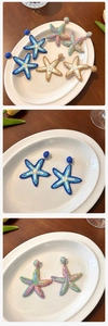 Detailed close-up of handmade woven starfish earrings in multiple vibrant summer colors