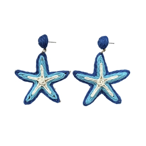 Handcrafted blue and white woven starfish drop earrings for summer beach vacation