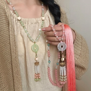 Collana Lunga con Perline e Nappa Stile Cinese Vintage Donna Ciondolo Fibbia Ping'an Vetro Resina Gioielli Etnici Retro