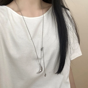 Adjustable silver croissant pendant long necklace with drawstring chain for women