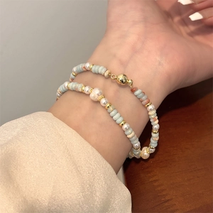 Pulsera de Doble Capa de Perlas de Agua Dulce Con Diseño de Cuentas de Piedra Shoushan Natural Cierre Magnético Joyería Retro Francesa para Mujer