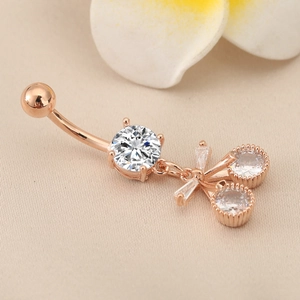 Elegant rose gold cherry blossom belly button ring with sparkling zircon stones
