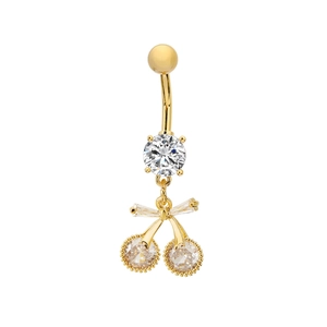 Golden cherry belly ring with 316L bar and sparkling white rhinestones on white background