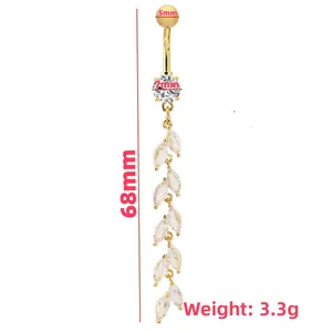 Golden belly ring with cubic zirconia leaf tassels and wheat ear pendant style