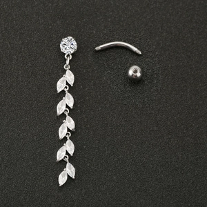 Silver leaf belly ring with marquise zircon tassels and stainless steel curved barbell