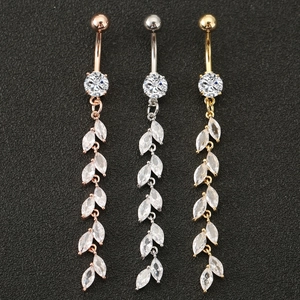 Copper Zircon Leaf Tassel Belly Ring Wheat Ear Dangle Navel Piercing Jewelry For Women Gold Silver Rose Gold Elegant