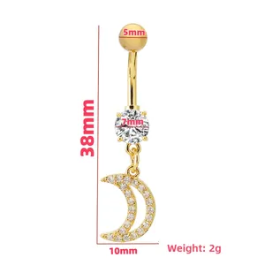 Goldener Bauchnabelpiercing Mond mit Zirkonia, 38mm Länge und 10mm Mondsichel Anhänger